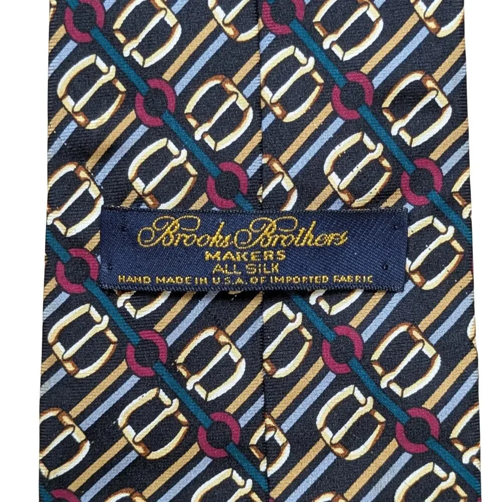 Brooks Brothers Makers Silk Tie Navy Gold Stripe Equestrian Handmade Vintage 80s